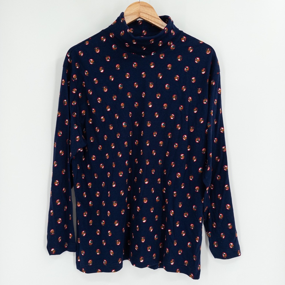 Vintage Christmas Turtleneck Women XL Navy Floral Wreath Cotton Granny Cottage